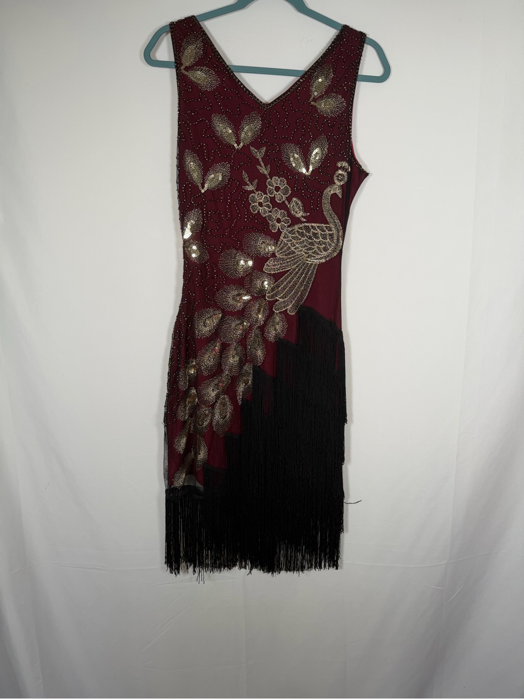 Embellished Burgundy Irregular Tassel Hem Peacock Dress - 20s Inspired, Flapper — image 4 of 8